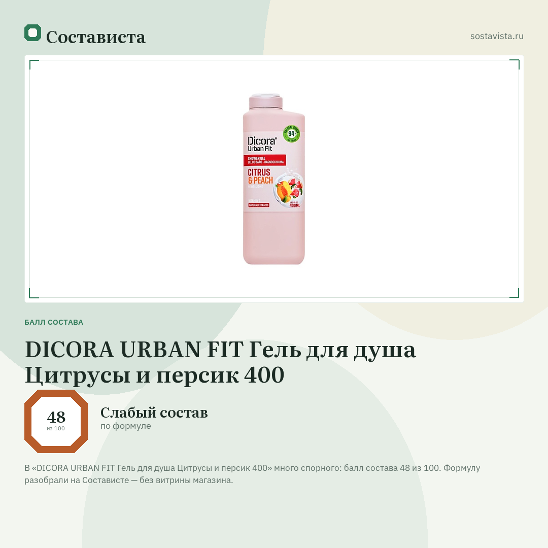 DICORA URBAN FIT Гель для душа Цитрусы и персик 400: балл состава 48 из 100 — Состависта