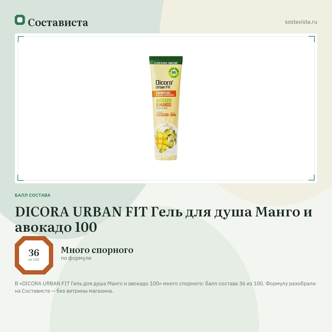 DICORA URBAN FIT Гель для душа Манго и авокадо 100: балл состава 36 из 100 — Состависта