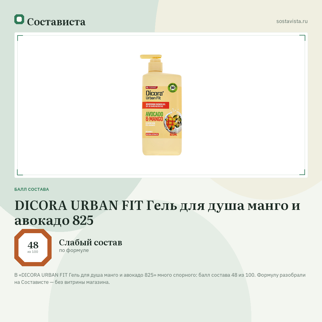 DICORA URBAN FIT Гель для душа манго и авокадо 825: балл состава 48 из 100 — Состависта