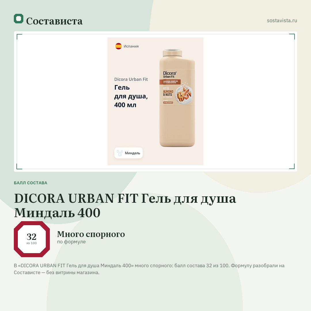 DICORA URBAN FIT Гель для душа Миндаль 400: балл состава 32 из 100 — Состависта