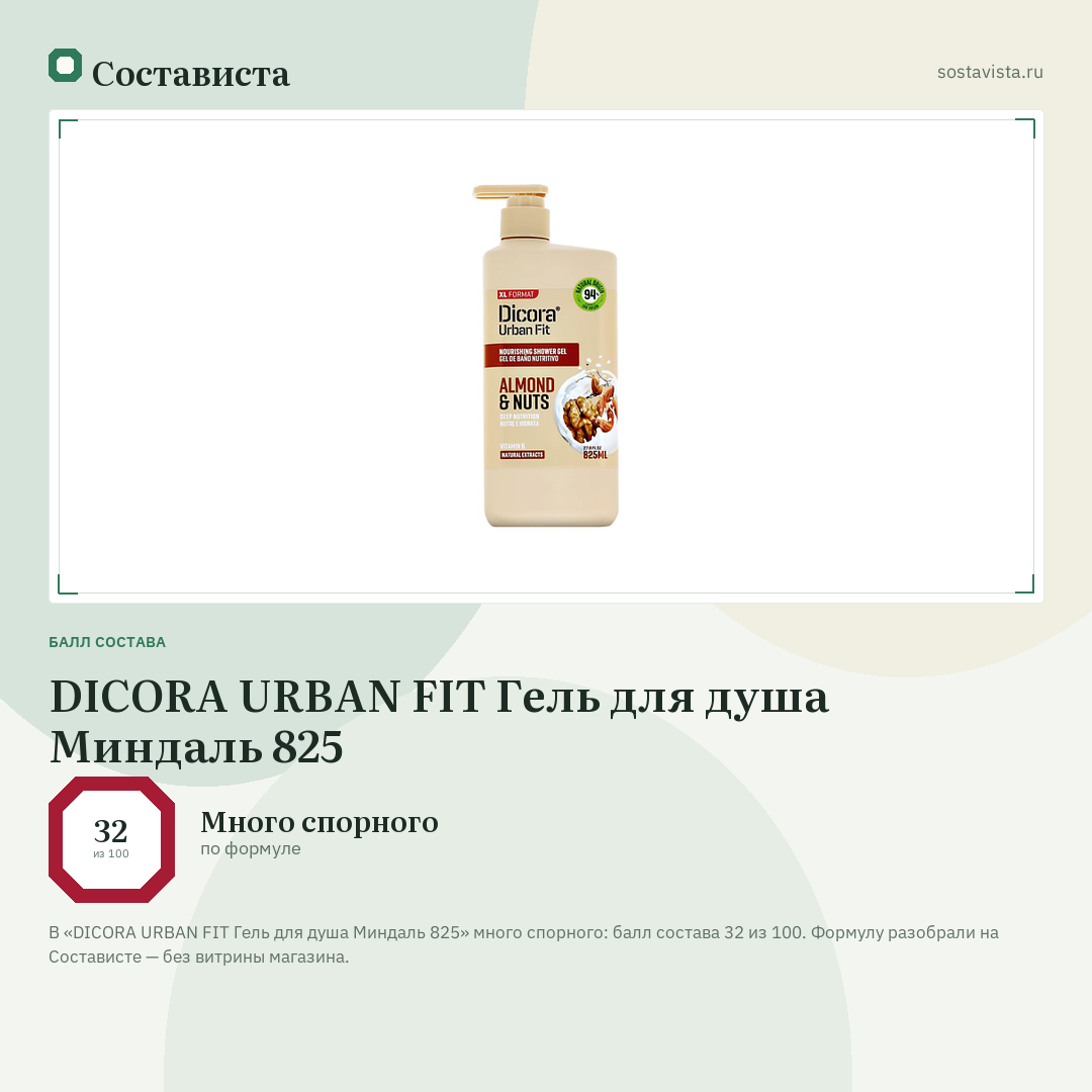 DICORA URBAN FIT Гель для душа Миндаль 825: балл состава 32 из 100 — Состависта