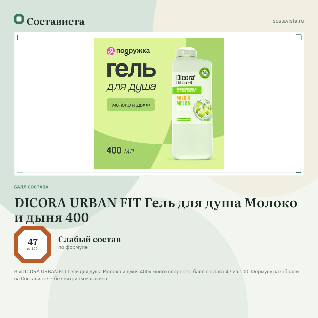 DICORA URBAN FIT Гель для душа Молоко и дыня 400: балл состава 47 из 100 — Состависта