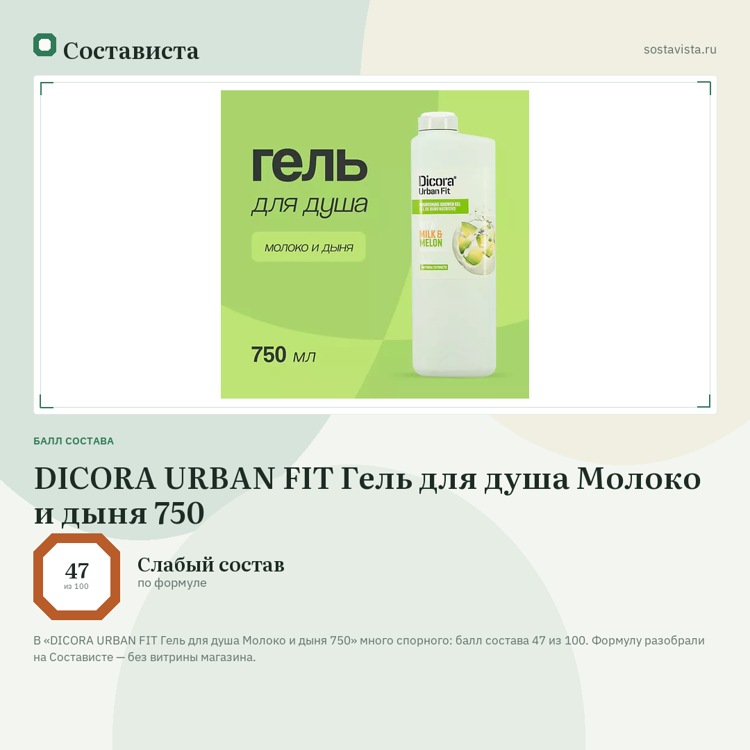 DICORA URBAN FIT Гель для душа Молоко и дыня 750: балл состава 47 из 100 — Состависта