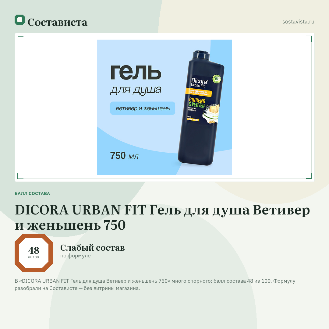 DICORA URBAN FIT Гель для душа Ветивер и женьшень 750: балл состава 48 из 100 — Состависта