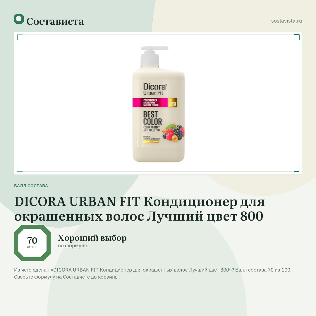 DICORA URBAN FIT Кондиционер для окрашенных волос Лучший цвет 800: балл состава 70 из 100 — Состависта