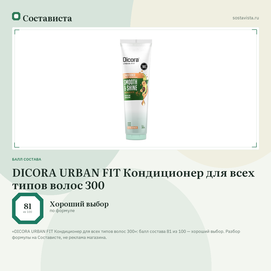 DICORA URBAN FIT Кондиционер для всех типов волос 300: балл состава 81 из 100 — Состависта