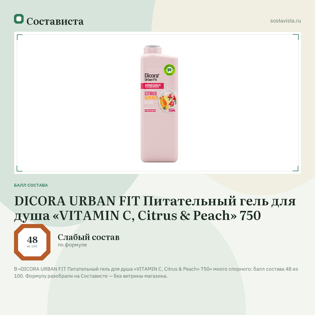 DICORA URBAN FIT Питательный гель для душа «VITAMIN С, Citrus & Peach» 750: балл состава 48 из 100 — Состависта