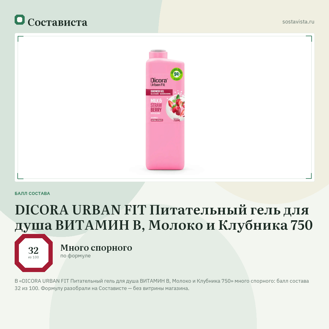 DICORA URBAN FIT Питательный гель для душа ВИТАМИН В, Молоко и Клубника 750: балл состава 32 из 100 — Состависта