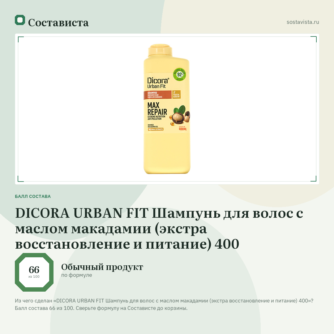 DICORA URBAN FIT Шампунь для волос с маслом макадамии (экстра восстановление и питание) 400: балл состава 66 из 100 — Состависта