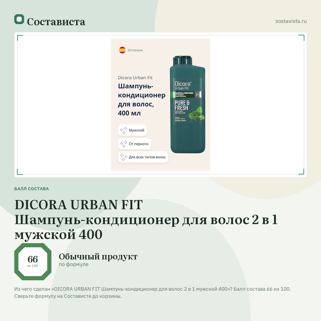 DICORA URBAN FIT Шампунь-кондиционер для волос 2 в 1 мужской 400: балл состава 66 из 100 — Состависта