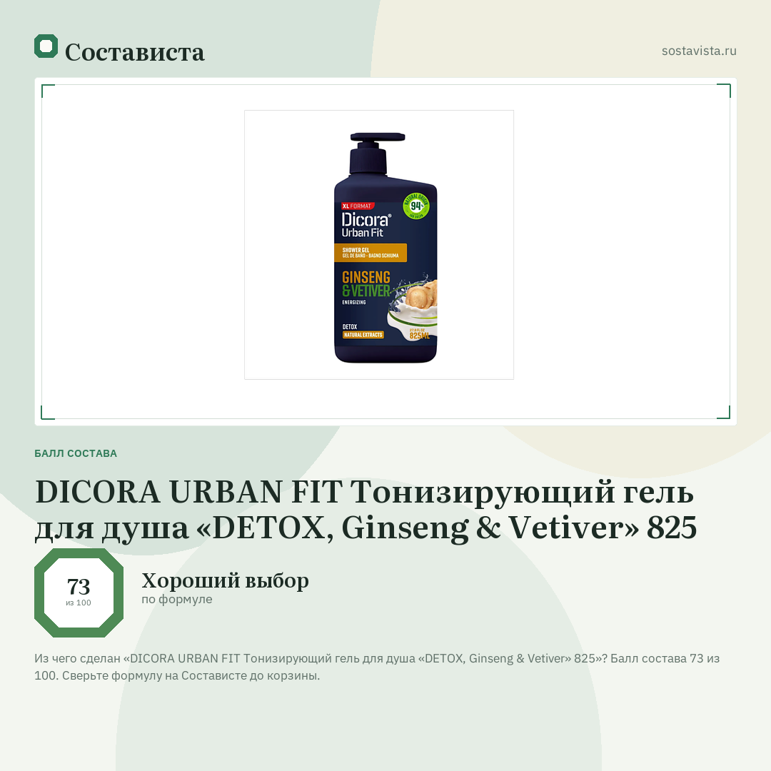 DICORA URBAN FIT Тонизирующий гель для душа «DETOX, Ginseng & Vetiver» 825: балл состава 73 из 100 — Состависта