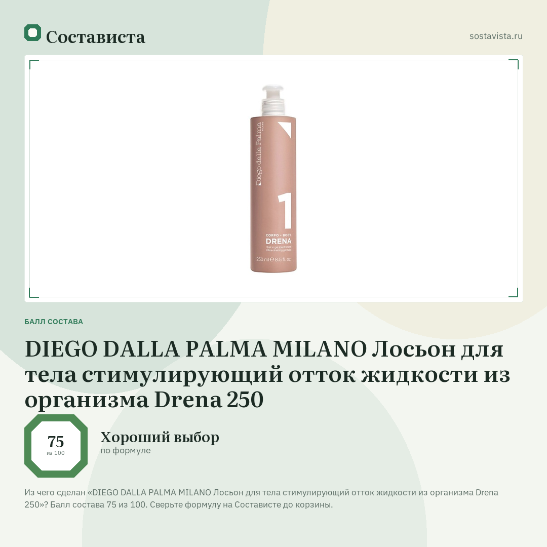 DIEGO DALLA PALMA MILANO Лосьон для тела стимулирующий отток жидкости из организма Drena 250: балл состава 75 из 100 — Состависта
