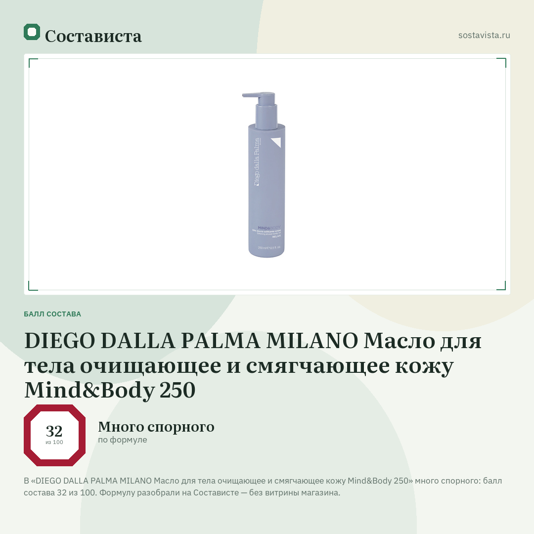 DIEGO DALLA PALMA MILANO Масло для тела очищающее и смягчающее кожу Mind&Body 250: балл состава 32 из 100 — Состависта