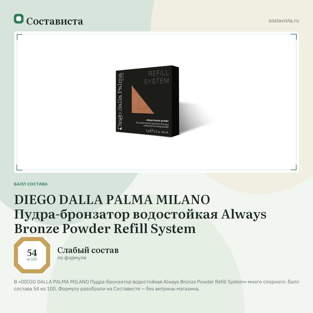 DIEGO DALLA PALMA MILANO Пудра-бронзатор водостойкая Always Bronze Powder Refill System: балл состава 54 из 100 — Состависта