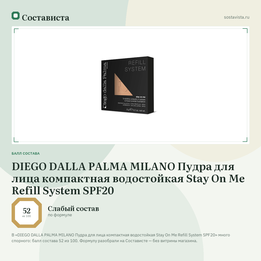 DIEGO DALLA PALMA MILANO Пудра для лица компактная водостойкая Stay On Me Refill System SPF20: балл состава 52 из 100 — Состависта
