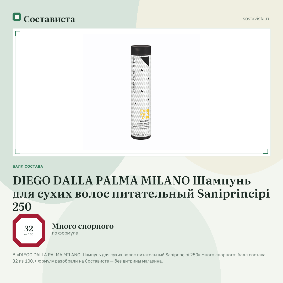 DIEGO DALLA PALMA MILANO Шампунь для сухих волос питательный Saniprincipi 250: балл состава 32 из 100 — Состависта