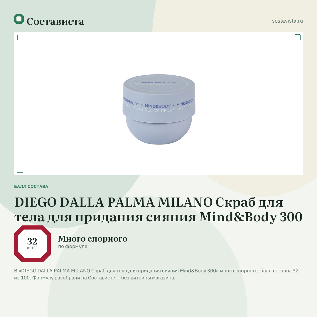 DIEGO DALLA PALMA MILANO Скраб для тела для придания сияния Mind&Body 300: балл состава 32 из 100 — Состависта