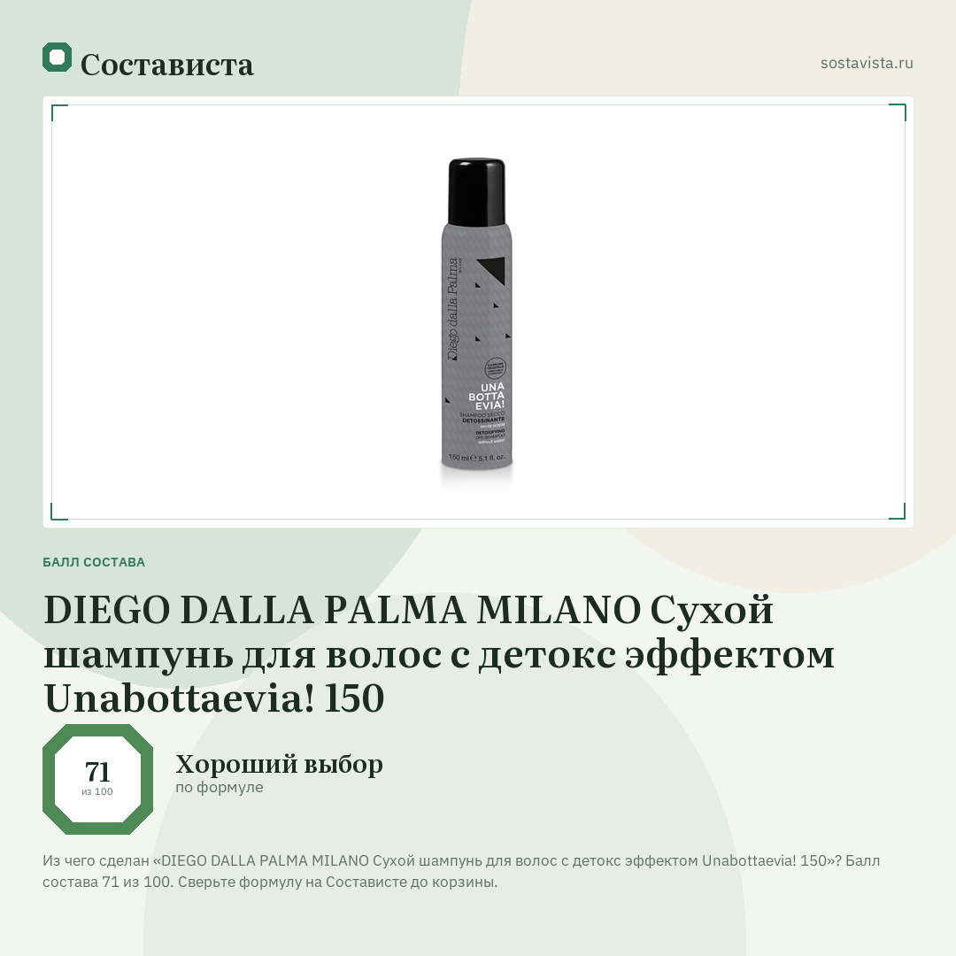 DIEGO DALLA PALMA MILANO Сухой шампунь для волос с детокс эффектом Unabottaevia! 150: балл состава 71 из 100 — Состависта