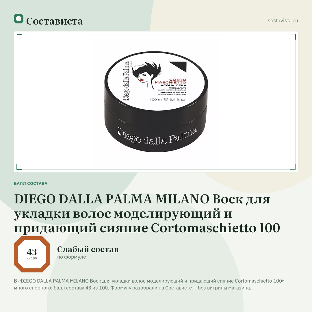 DIEGO DALLA PALMA MILANO Воск для укладки волос моделирующий и придающий сияние Cortomaschietto 100: балл состава 43 из 100 — Состависта