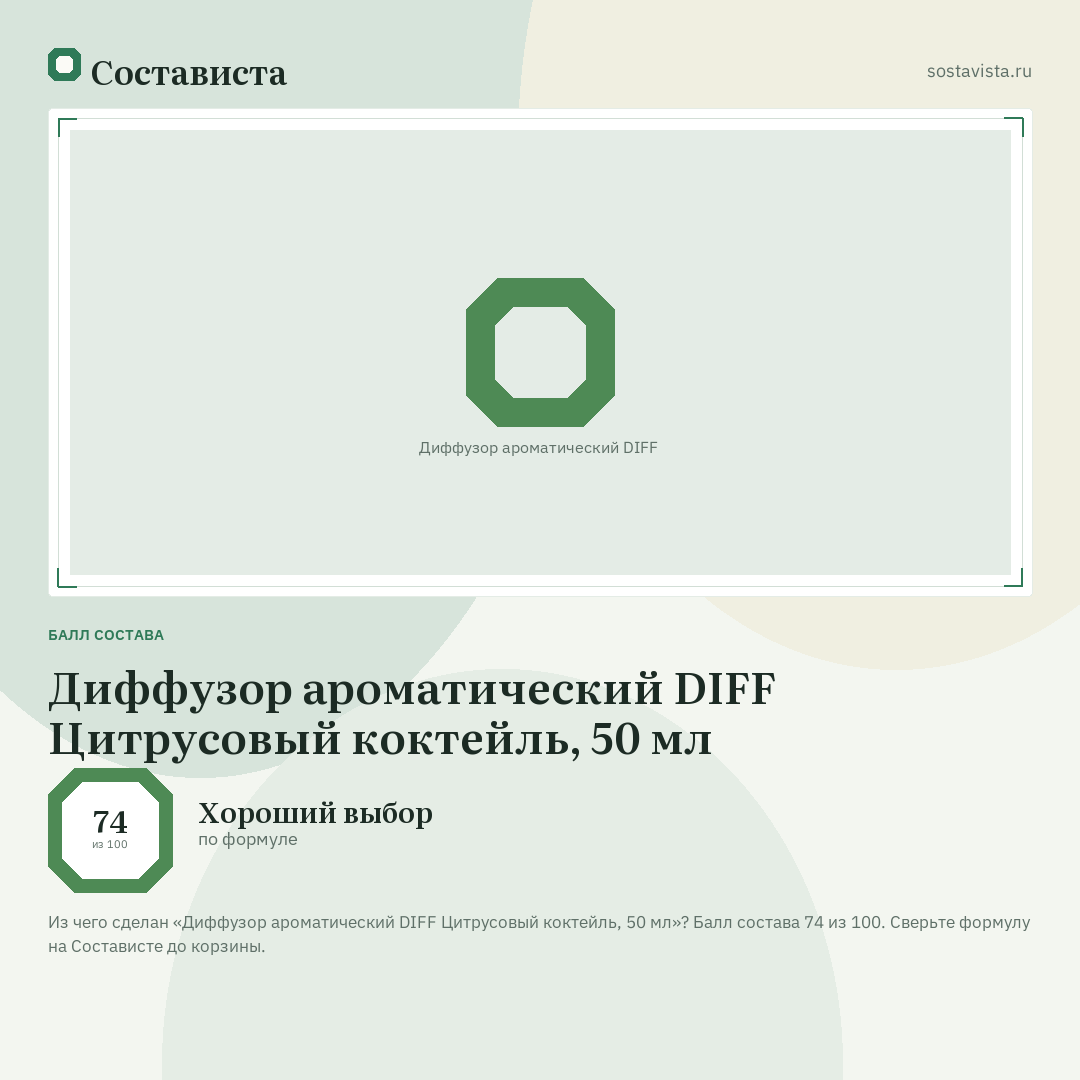 Диффузор ароматический DIFF Цитрусовый коктейль, 50 мл: балл состава 74 из 100 — Состависта