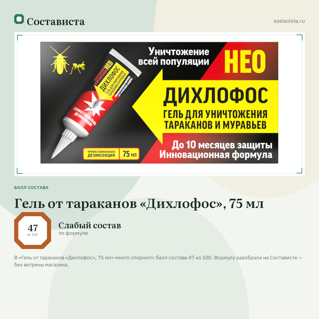 Гель от тараканов «Дихлофос», 75 мл: балл состава 47 из 100 — Состависта