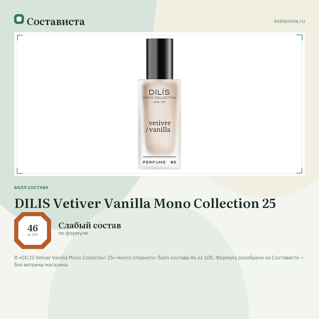 DILIS Vetiver Vanilla Mono Collection 25: балл состава 46 из 100 — Состависта
