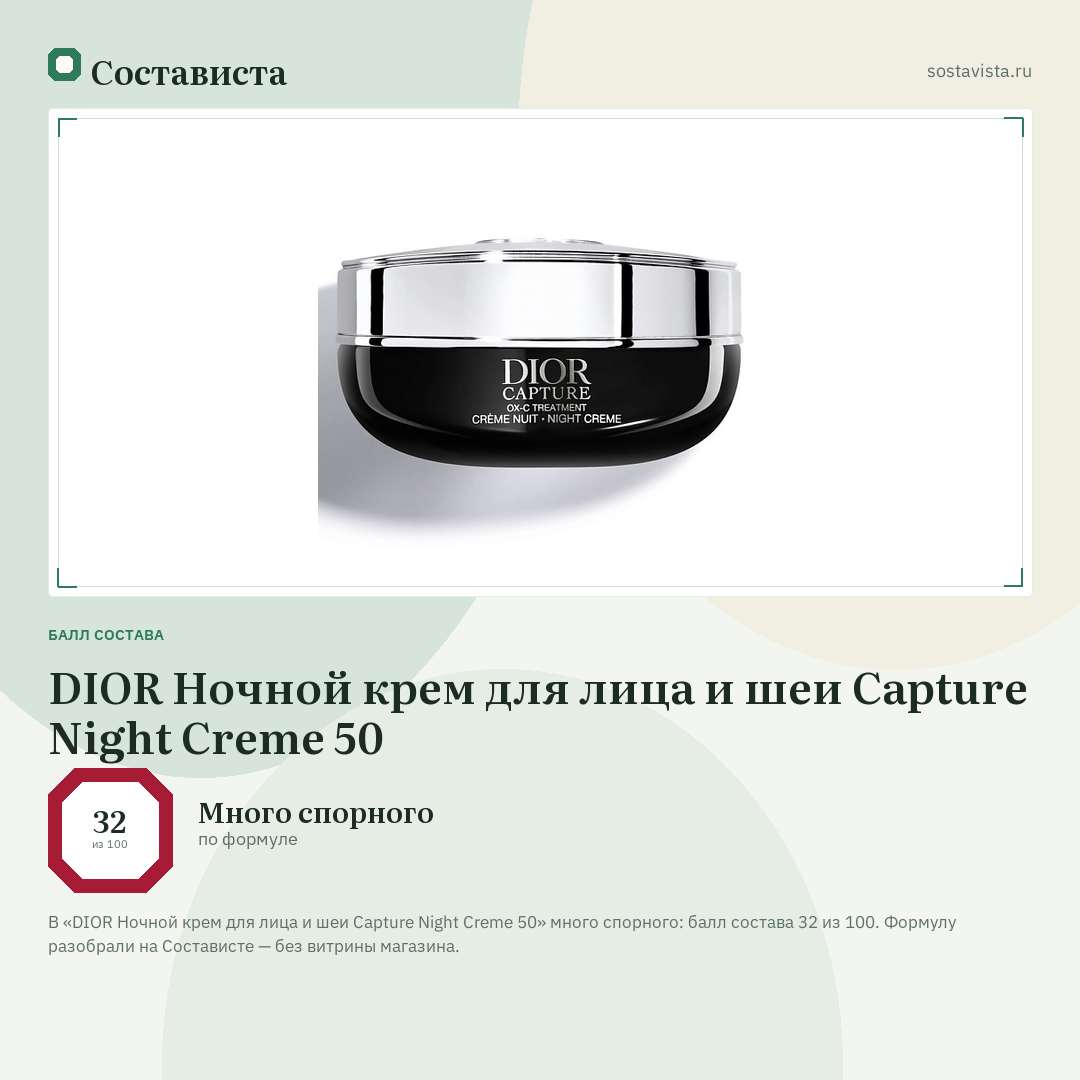 DIOR Ночной крем для лица и шеи Capture Night Creme 50: балл состава 32 из 100 — Состависта