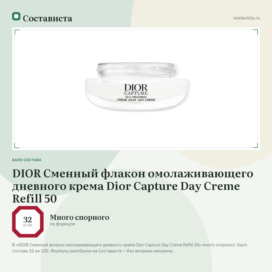 DIOR Сменный флакон омолаживающего дневного крема Dior Capture Day Creme Refill 50: балл состава 32 из 100 — Состависта