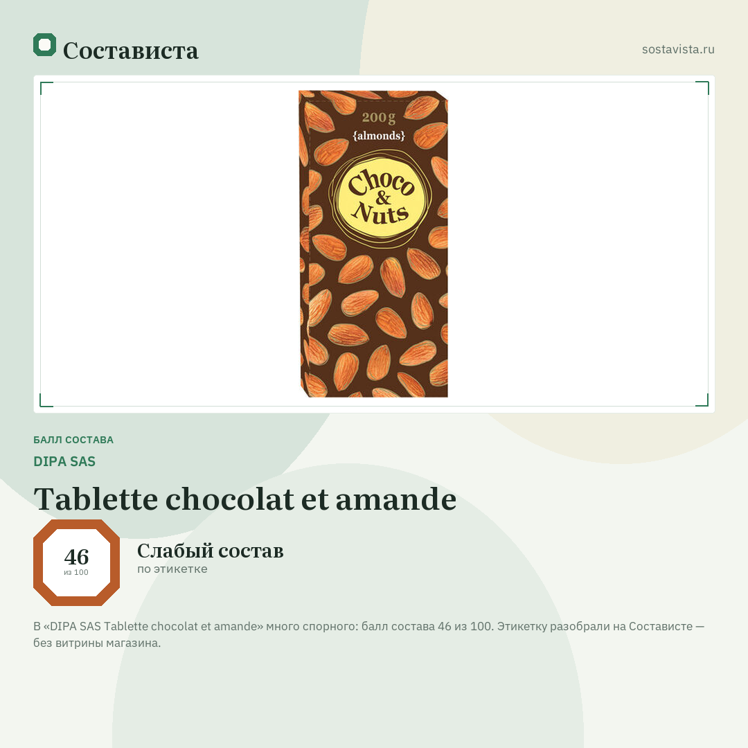 DIPA SAS Tablette chocolat et amande: балл состава 46 из 100 — Состависта