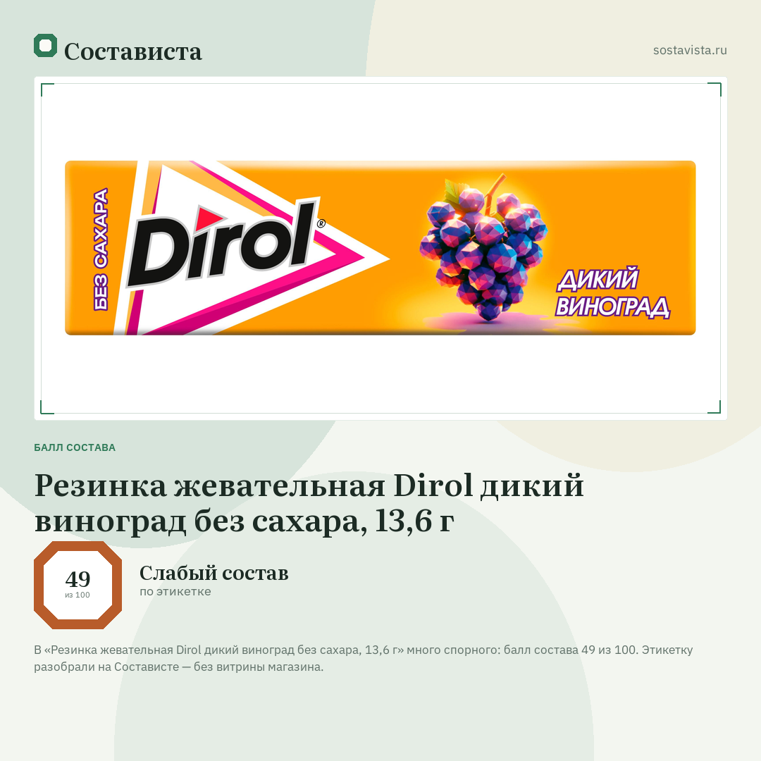 Резинка жевательная Dirol дикий виноград без сахара, 13,6 г: балл состава 49 из 100 — Состависта