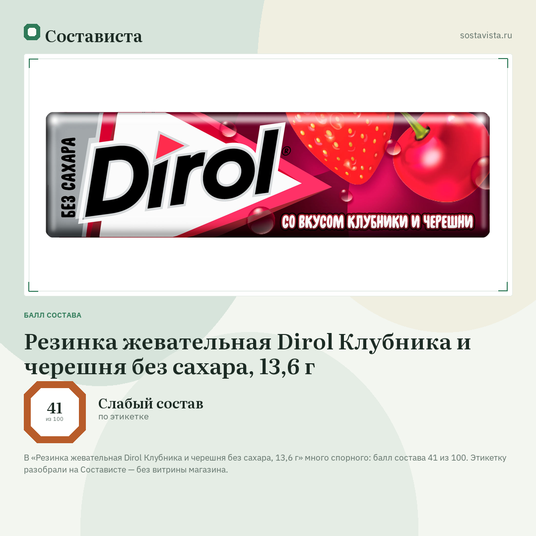 Резинка жевательная Dirol Клубника и черешня без сахара, 13,6 г: балл состава 41 из 100 — Состависта
