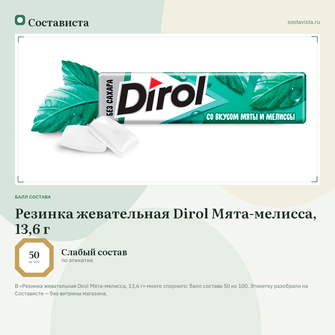 Резинка жевательная Dirol Мята-мелисса, 13,6 г: балл состава 50 из 100 — Состависта