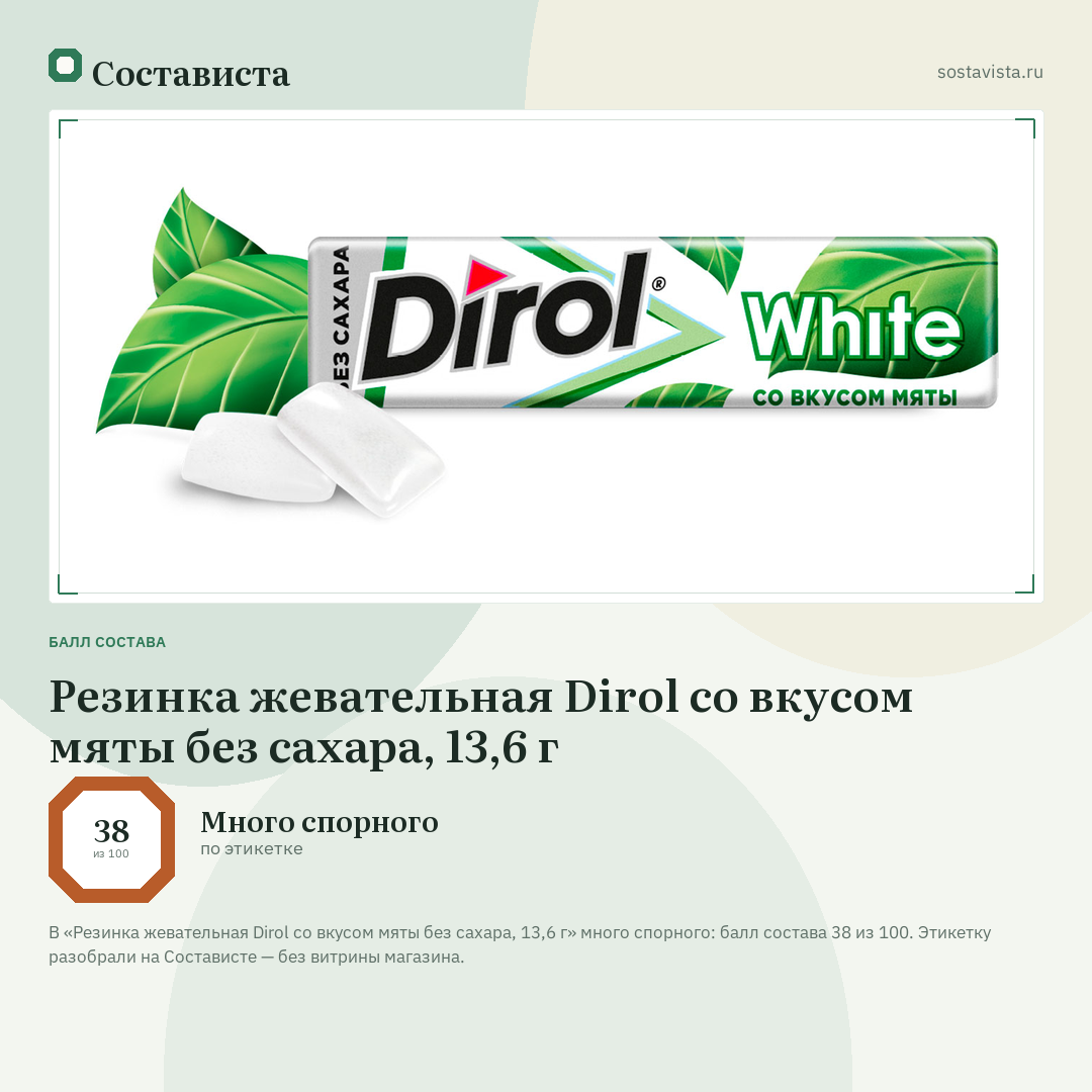 Резинка жевательная Dirol со вкусом мяты без сахара, 13,6 г: балл состава 38 из 100 — Состависта