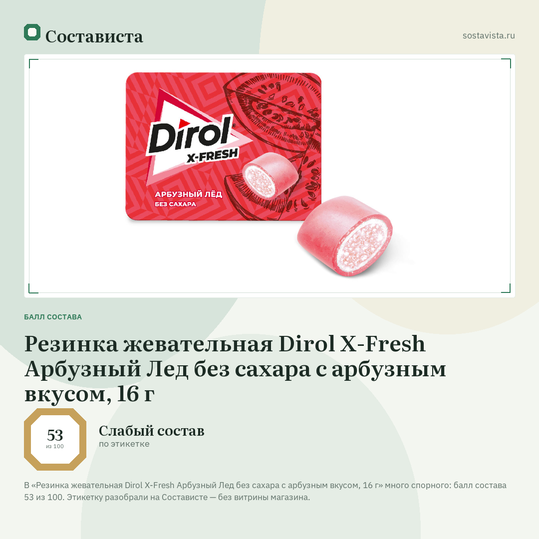 Резинка жевательная Dirol X-Fresh Арбузный Лед без сахара с арбузным вкусом, 16 г: балл состава 53 из 100 — Состависта