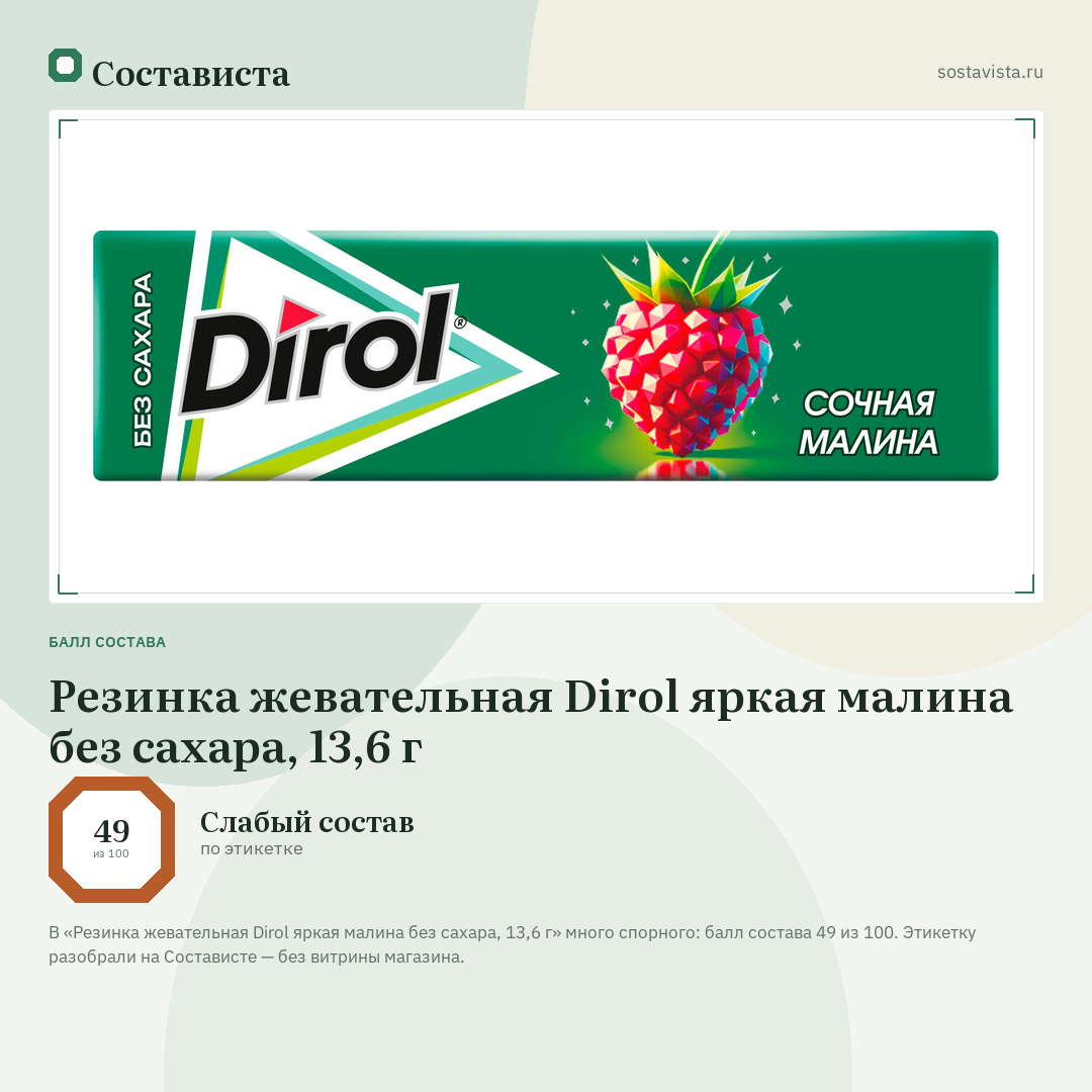 Резинка жевательная Dirol яркая малина без сахара, 13,6 г: балл состава 49 из 100 — Состависта