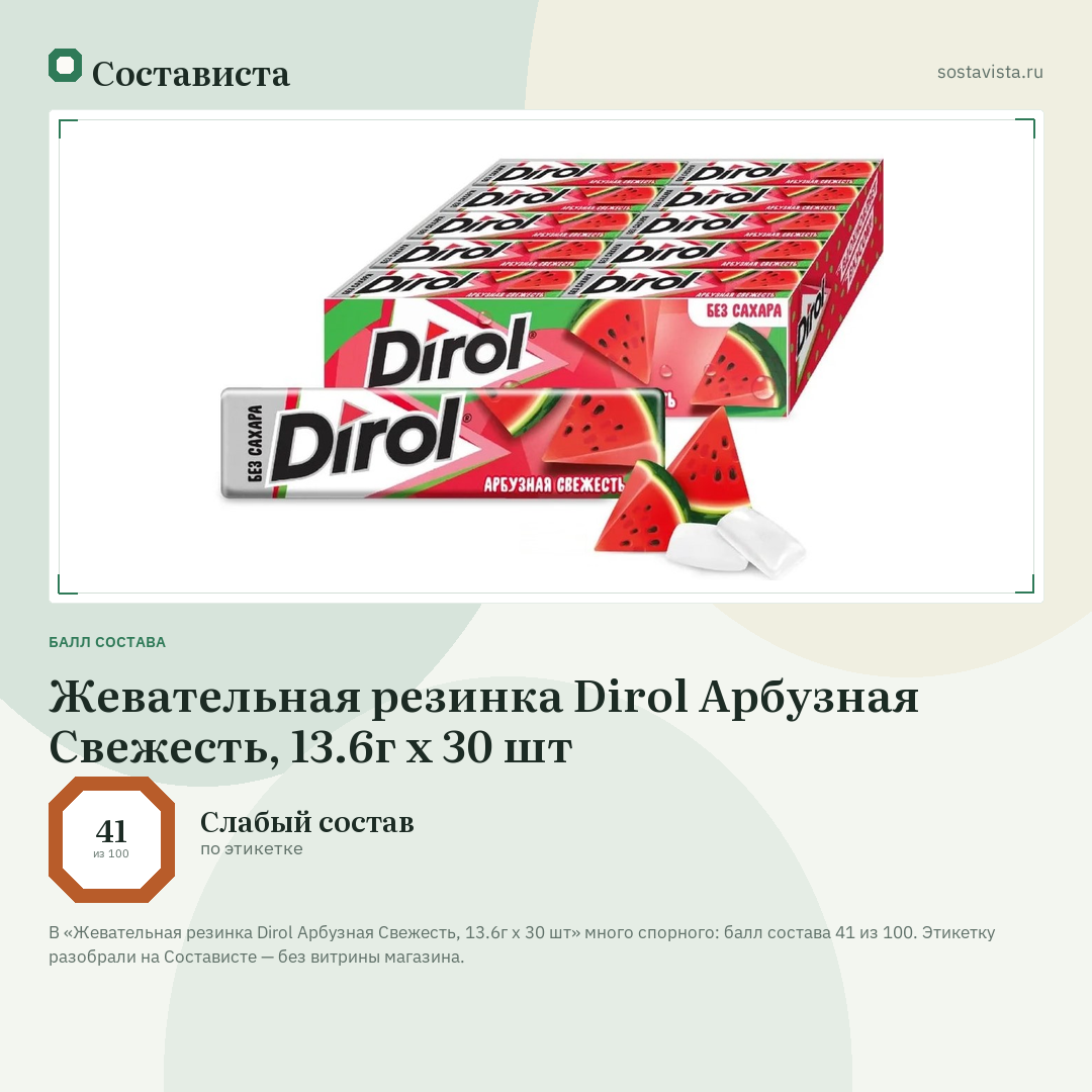 Жевательная резинка Dirol Арбузная Свежесть, 13.6г x 30 шт: балл состава 41 из 100 — Состависта