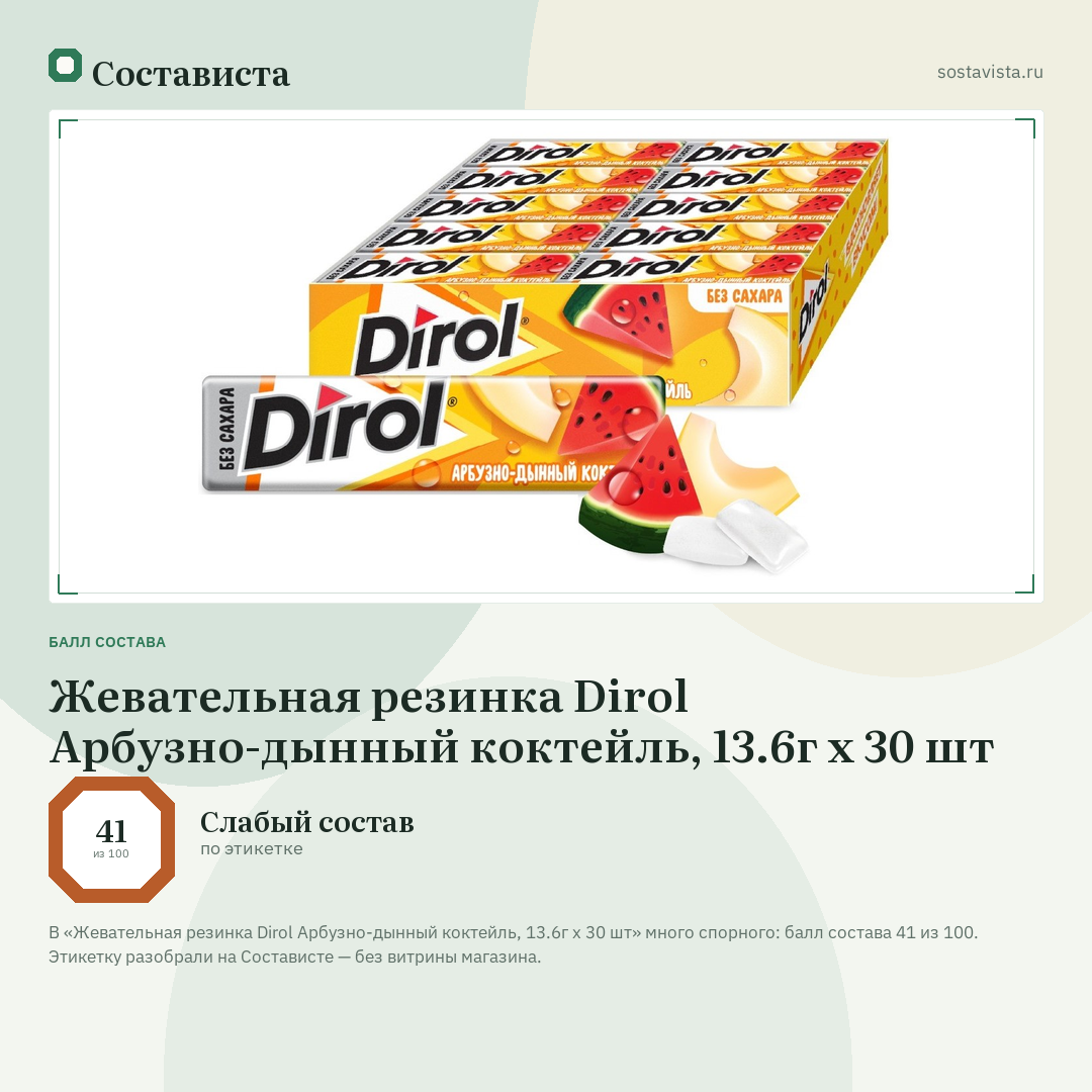 Жевательная резинка Dirol Арбузно-дынный коктейль, 13.6г x 30 шт: балл состава 41 из 100 — Состависта