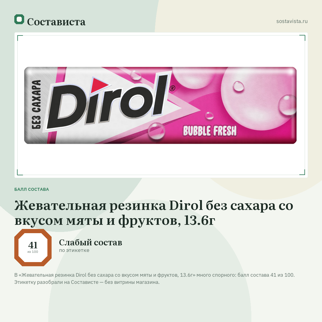 Жевательная резинка Dirol без сахара со вкусом мяты и фруктов, 13.6г: балл состава 41 из 100 — Состависта