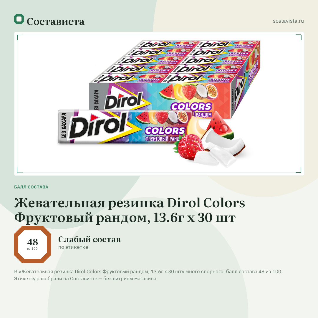 Жевательная резинка Dirol Colors Фруктовый рандом, 13.6г x 30 шт: балл состава 48 из 100 — Состависта