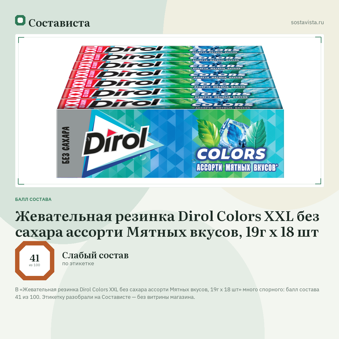 Жевательная резинка Dirol Colors XXL без сахара ассорти Мятных вкусов, 19г x 18 шт: балл состава 41 из 100 — Состависта
