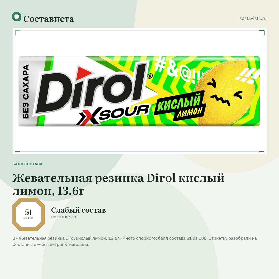 Жевательная резинка Dirol кислый лимон, 13.6г: балл состава 51 из 100 — Состависта