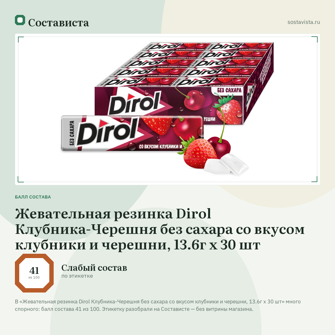 Жевательная резинка Dirol Клубника-Черешня без сахара со вкусом клубники и черешни, 13.6г x 30 шт: балл состава 41 из 100 — Состависта