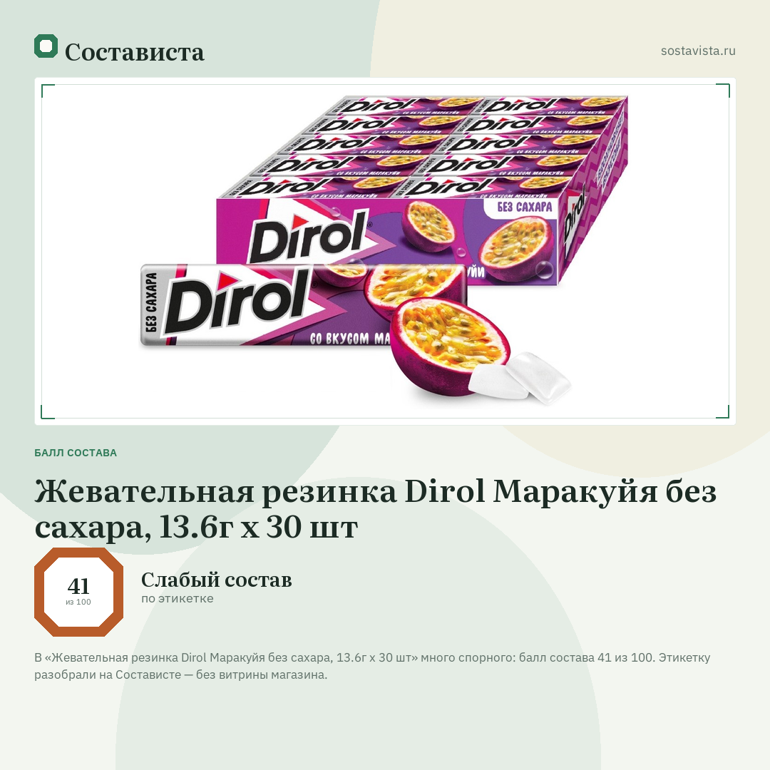 Жевательная резинка Dirol Маракуйя без сахара, 13.6г x 30 шт: балл состава 41 из 100 — Состависта