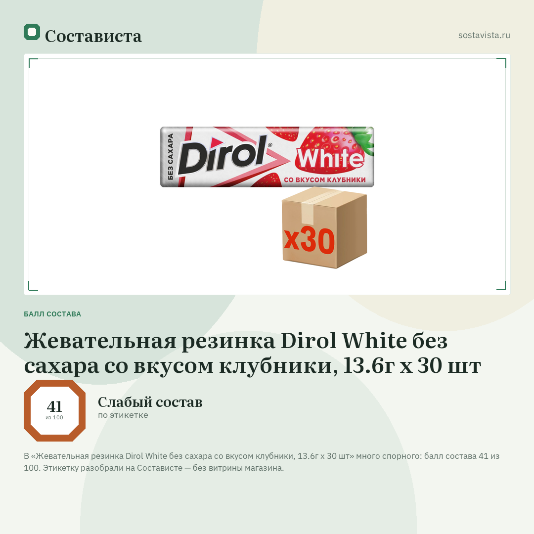 Жевательная резинка Dirol White без сахара со вкусом клубники, 13.6г x 30 шт: балл состава 41 из 100 — Состависта