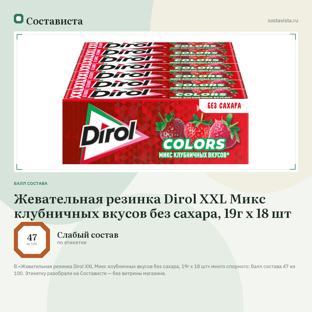 Жевательная резинка Dirol XXL Микс клубничных вкусов без сахара, 19г х 18 шт: балл состава 47 из 100 — Состависта
