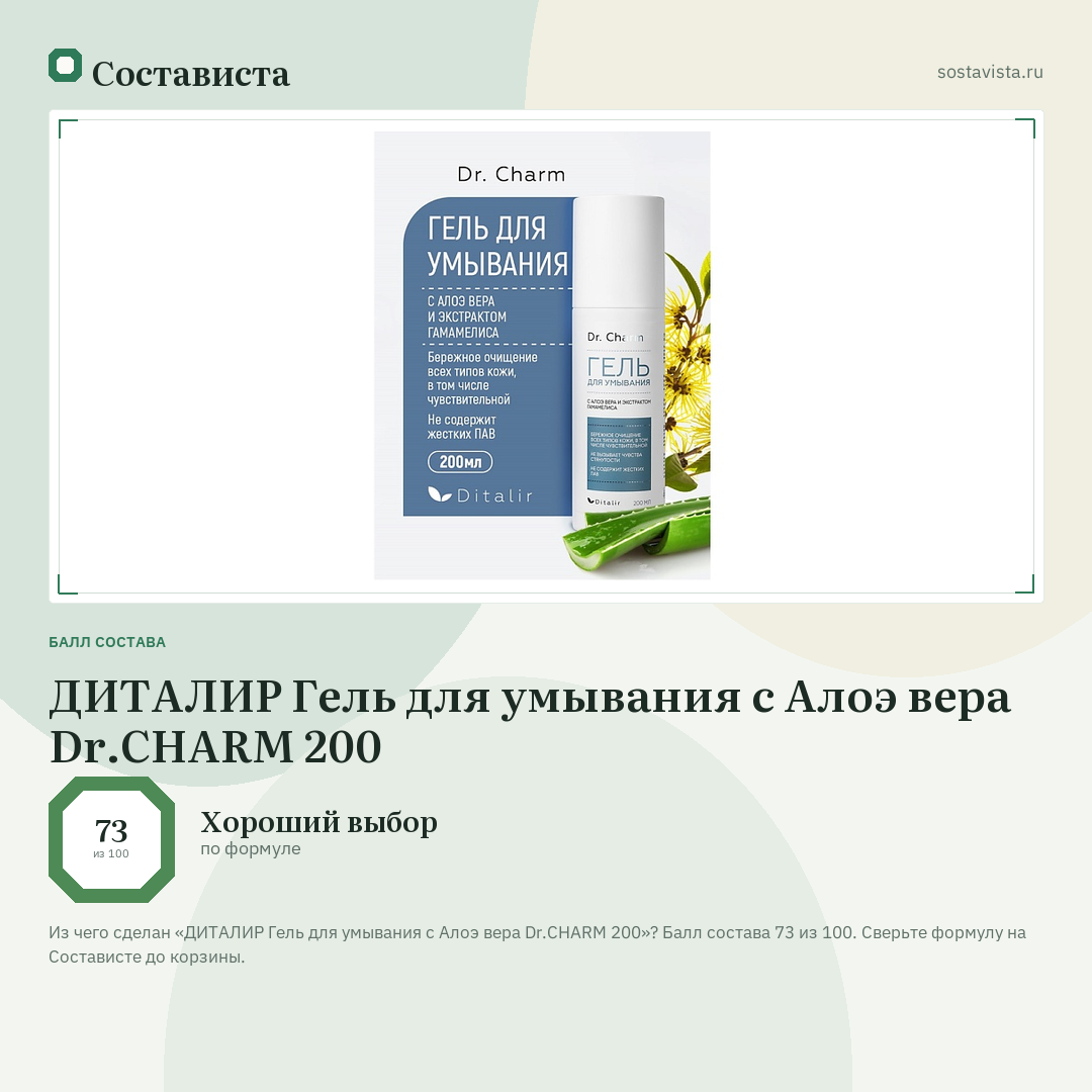 ДИТАЛИР Гель для умывания с Алоэ вера Dr.CHARM 200: балл состава 73 из 100 — Состависта