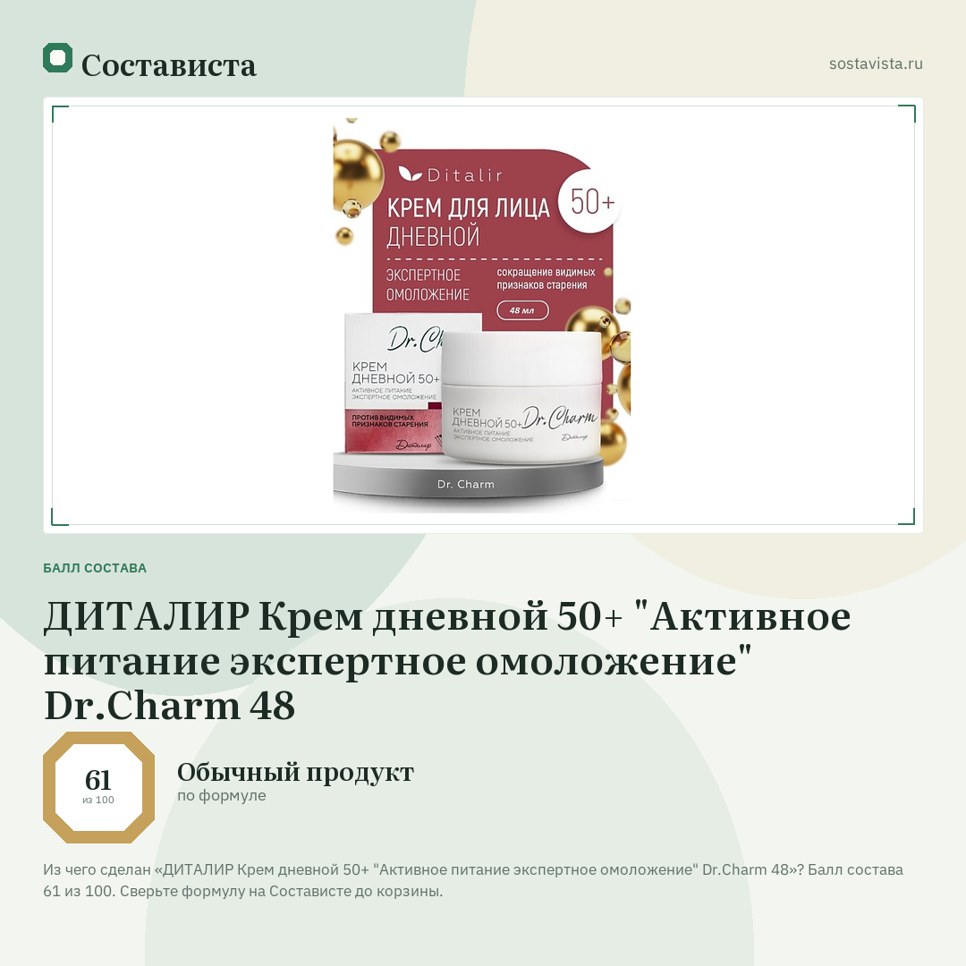 ДИТАЛИР Крем дневной 50+ "Активное питание экспертное омоложение" Dr.Charm 48: балл состава 61 из 100 — Состависта