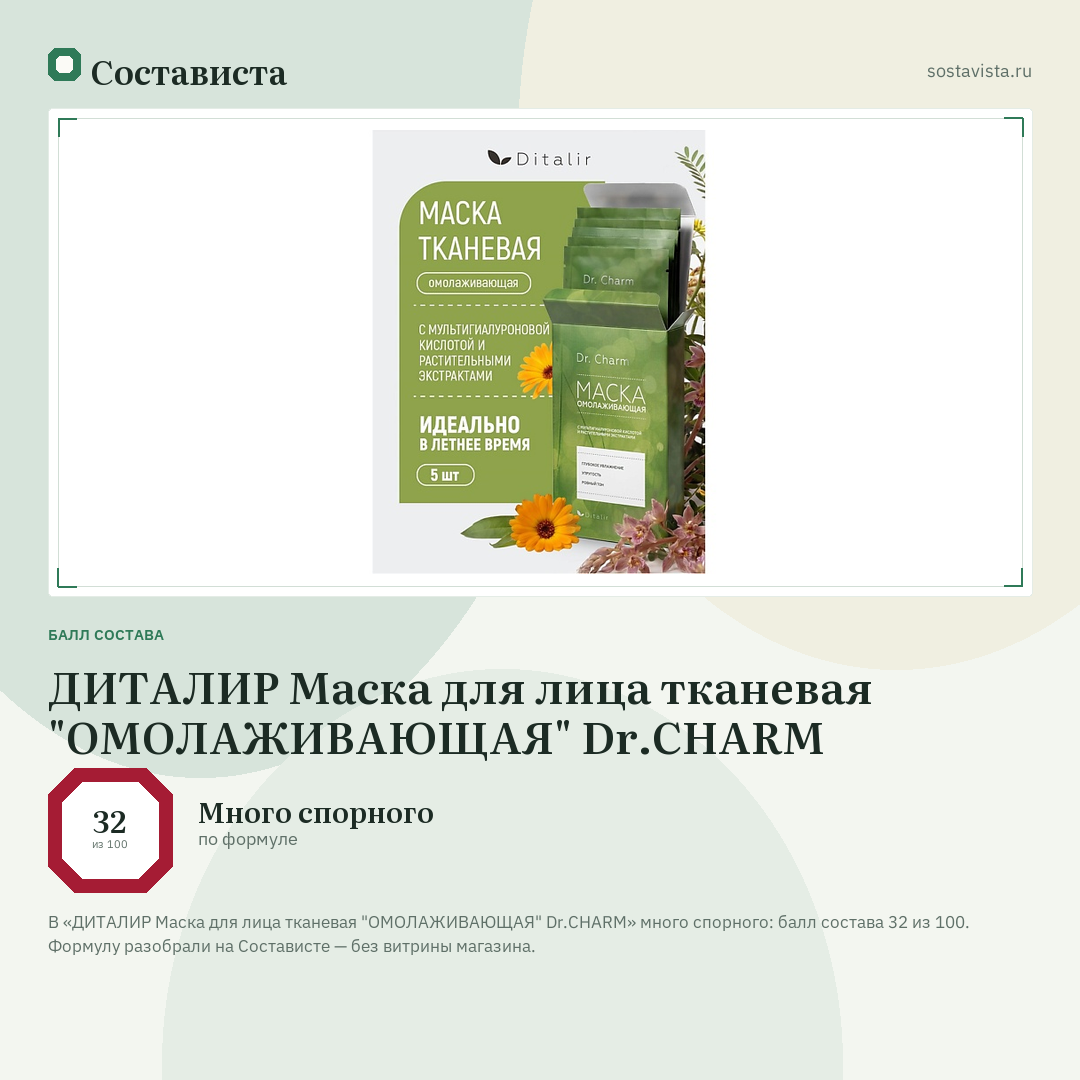 ДИТАЛИР Маска для лица тканевая "ОМОЛАЖИВАЮЩАЯ" Dr.CHARM: балл состава 32 из 100 — Состависта