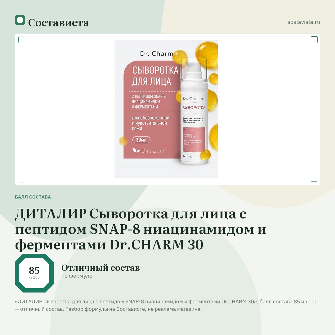 ДИТАЛИР Сыворотка для лица с пептидом SNAP-8 ниацинамидом и ферментами Dr.CHARM 30: балл состава 85 из 100 — Состависта