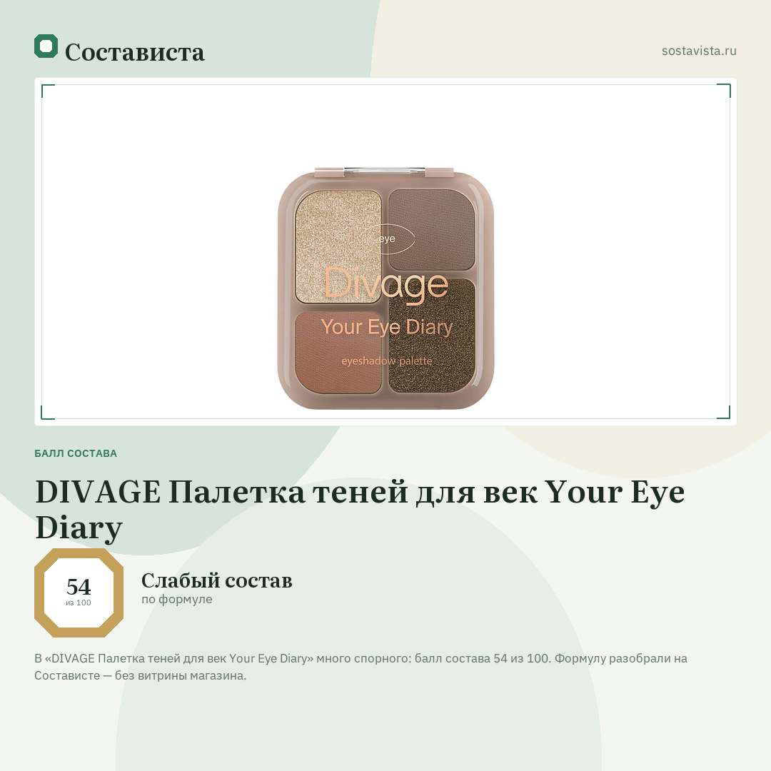 DIVAGE Палетка теней для век Your Eye Diary: балл состава 54 из 100 — Состависта